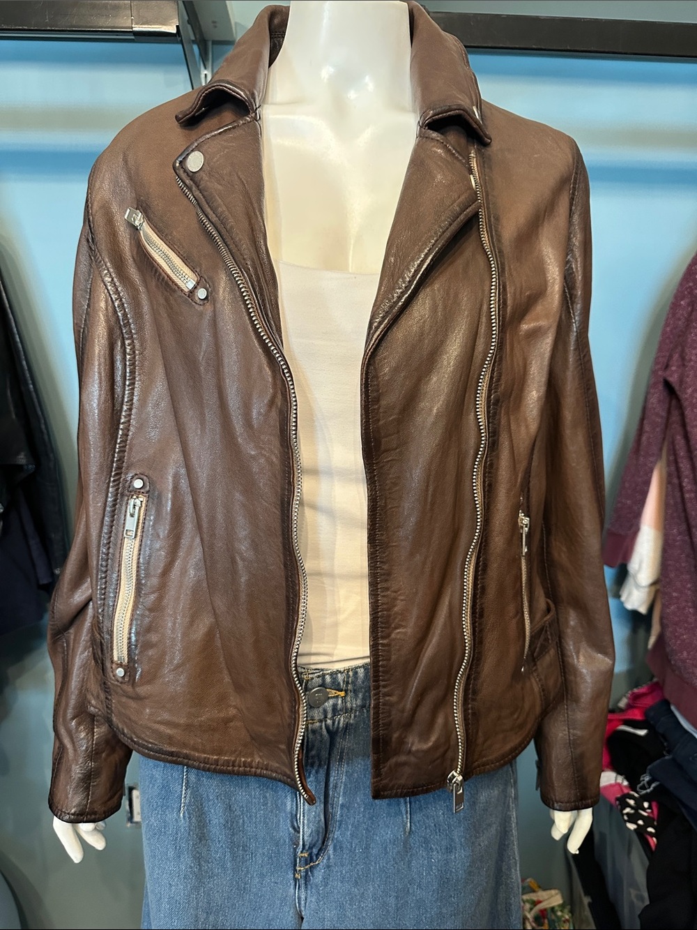 Women's Brown Leather Biker Jacket with Zip Accents